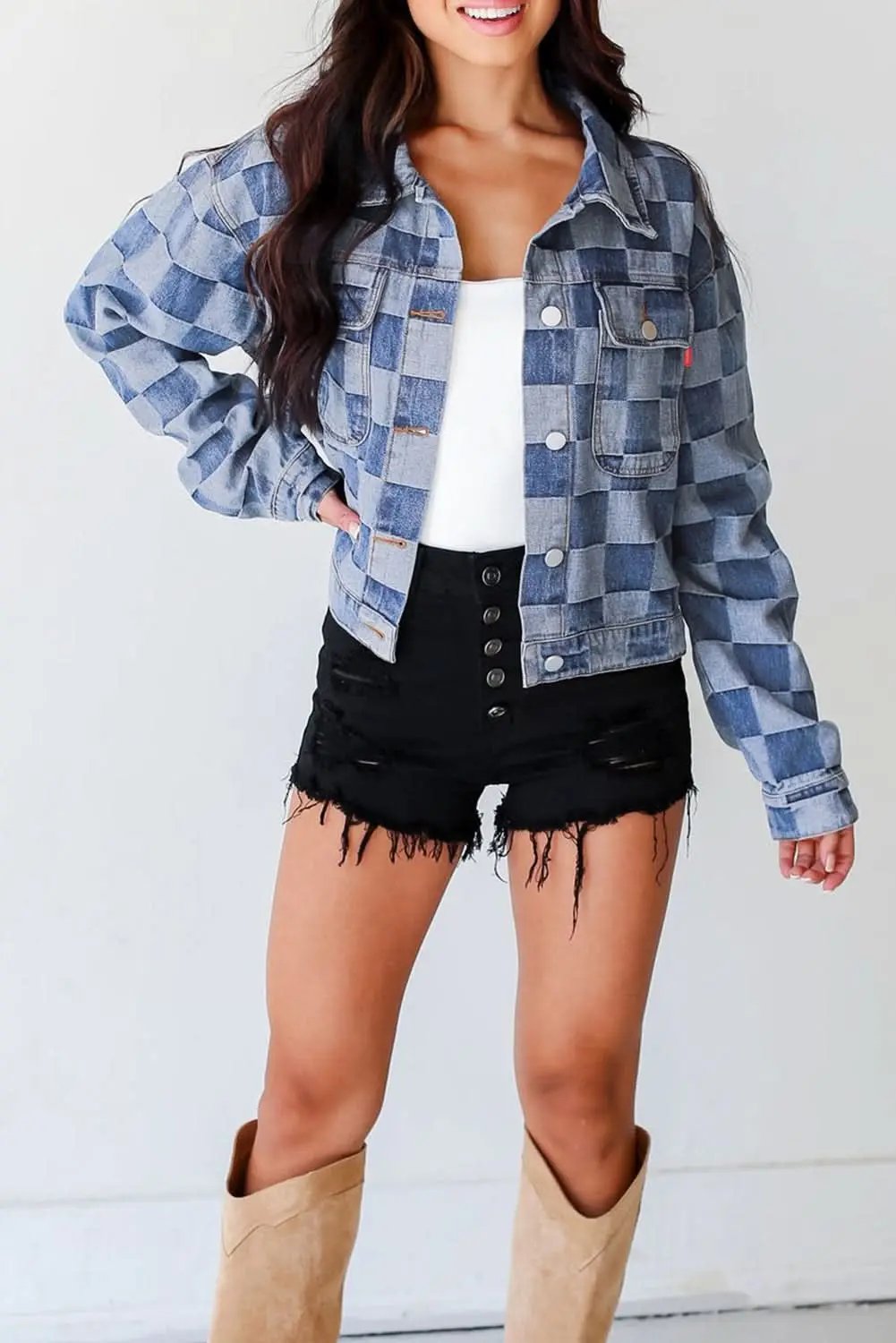Light Blue Checkered Patchwork Button up Denim Jacket - Love Salve